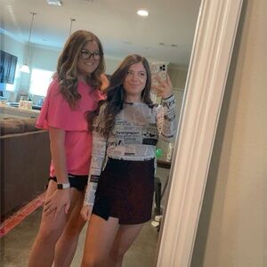 Newspaper Print Mesh Long Sleeve Top